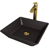 Roma Glass Vessel Bathroom Sink in Black with Linus Faucet in Matte Gold - Super Arbor