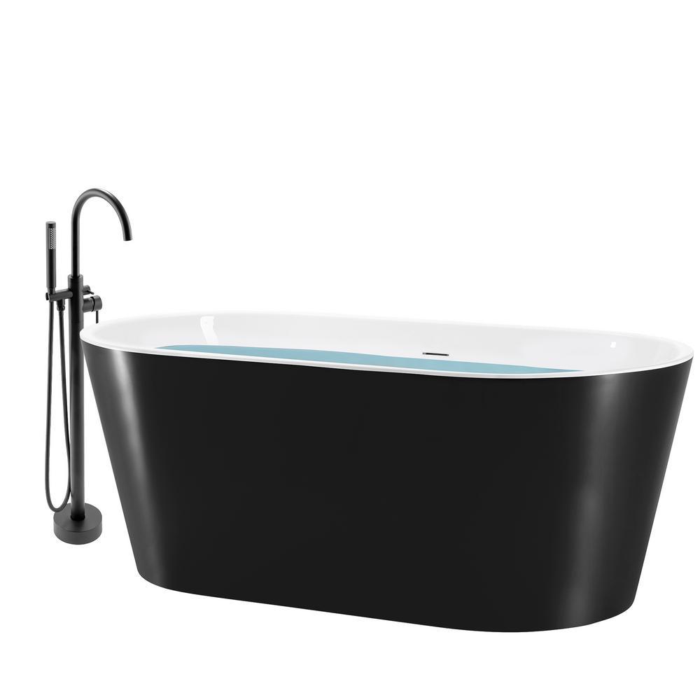 67 in. Matte Black Fiberglass Non-Whirlpool Bathtub with Tub Filler Combo - Modern Flat Bottom Stand Alone Tub - Super Arbor