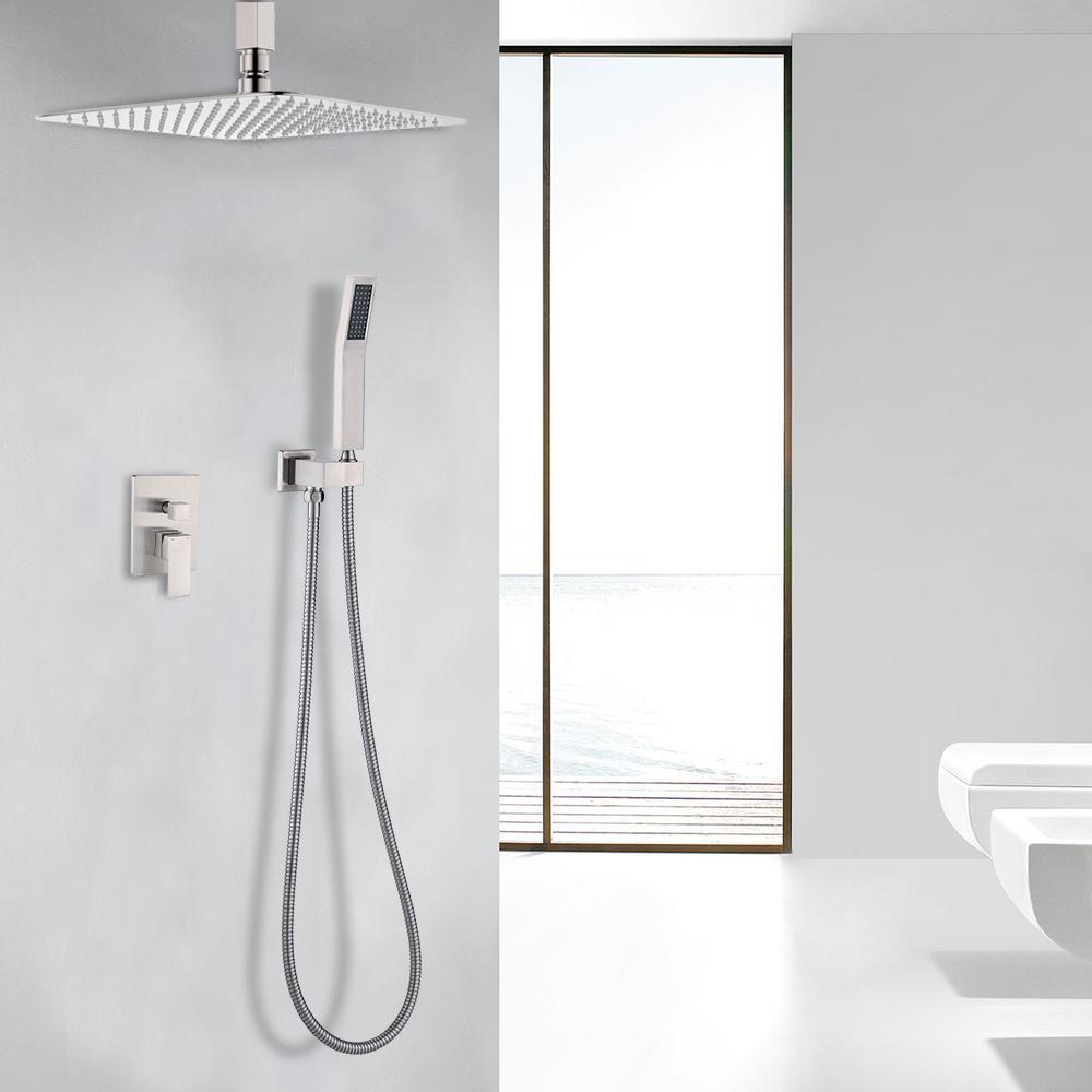 Shower System Ceiling Mounted with 12 in. Square Rainfall Shower head and Handheld Shower Head Set, Brushed Nickel - Super Arbor