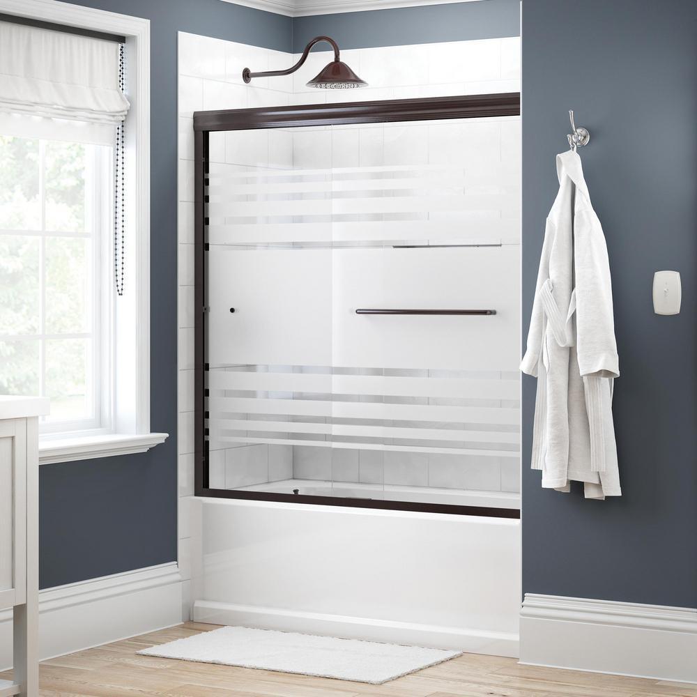 Simplicity 60 in. x 58-1/8 in. Semi-Frameless Traditional Sliding Bathtub Door in Bronze with Mozaic Glass - Super Arbor