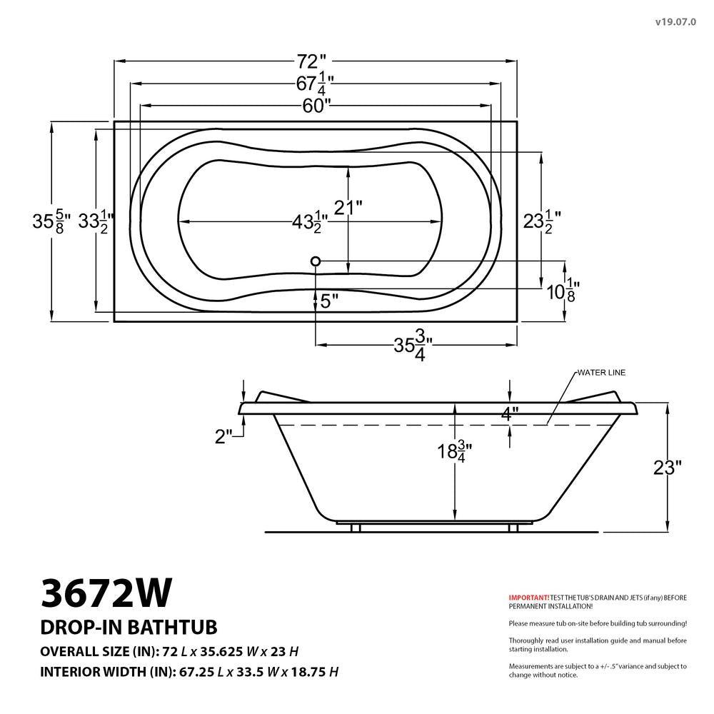 Star 6 ft. Rectangular Drop-in Whirlpool Bathtub in White - Super Arbor