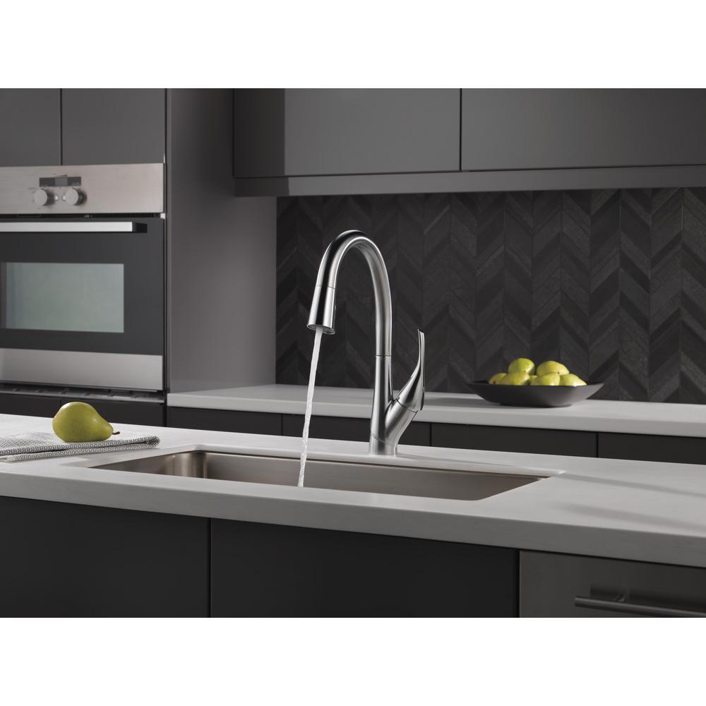 Esque Single-Handle Pull-Down Sprayer Kitchen Faucet with ShieldSpray Technology in Arctic Stainless - Super Arbor