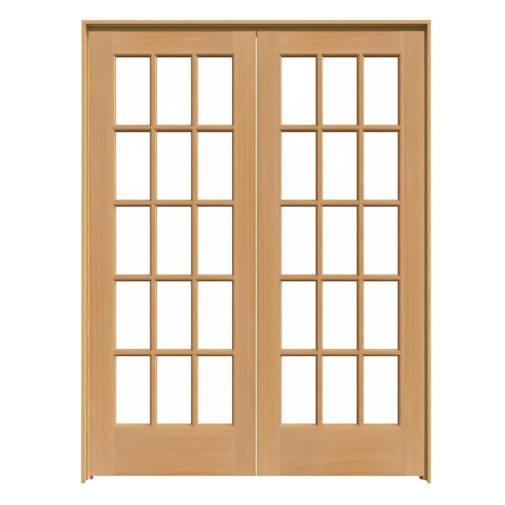 JELD-WEN 15 Lite Wood 60-in x 80-in Unfinished Clear Glass Unfinished Pine Interior French Door, Prehung (Hardware Included)