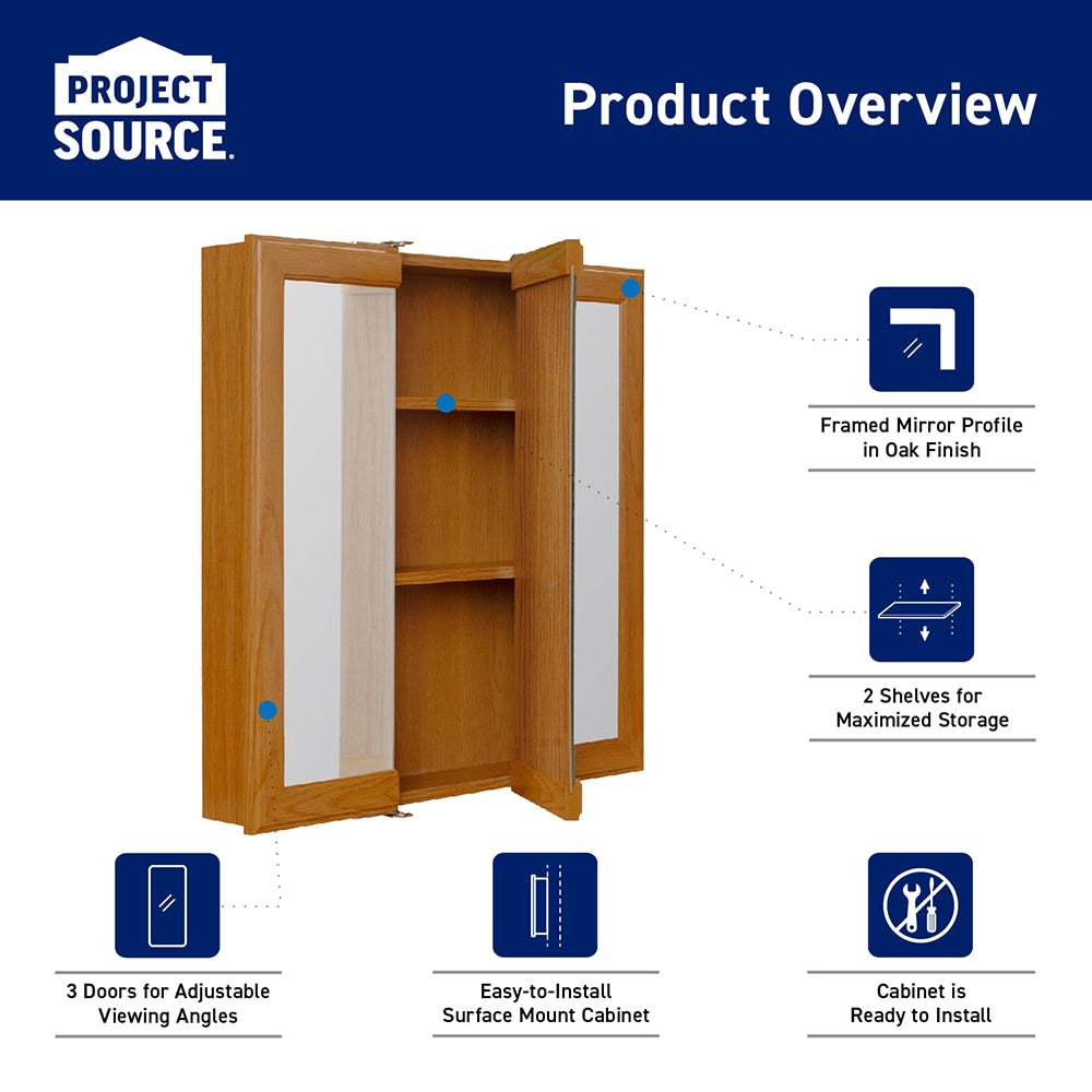 Project Source 24.25-in x 24-in Surface Mount Oak Mirrored Medicine Cabinet