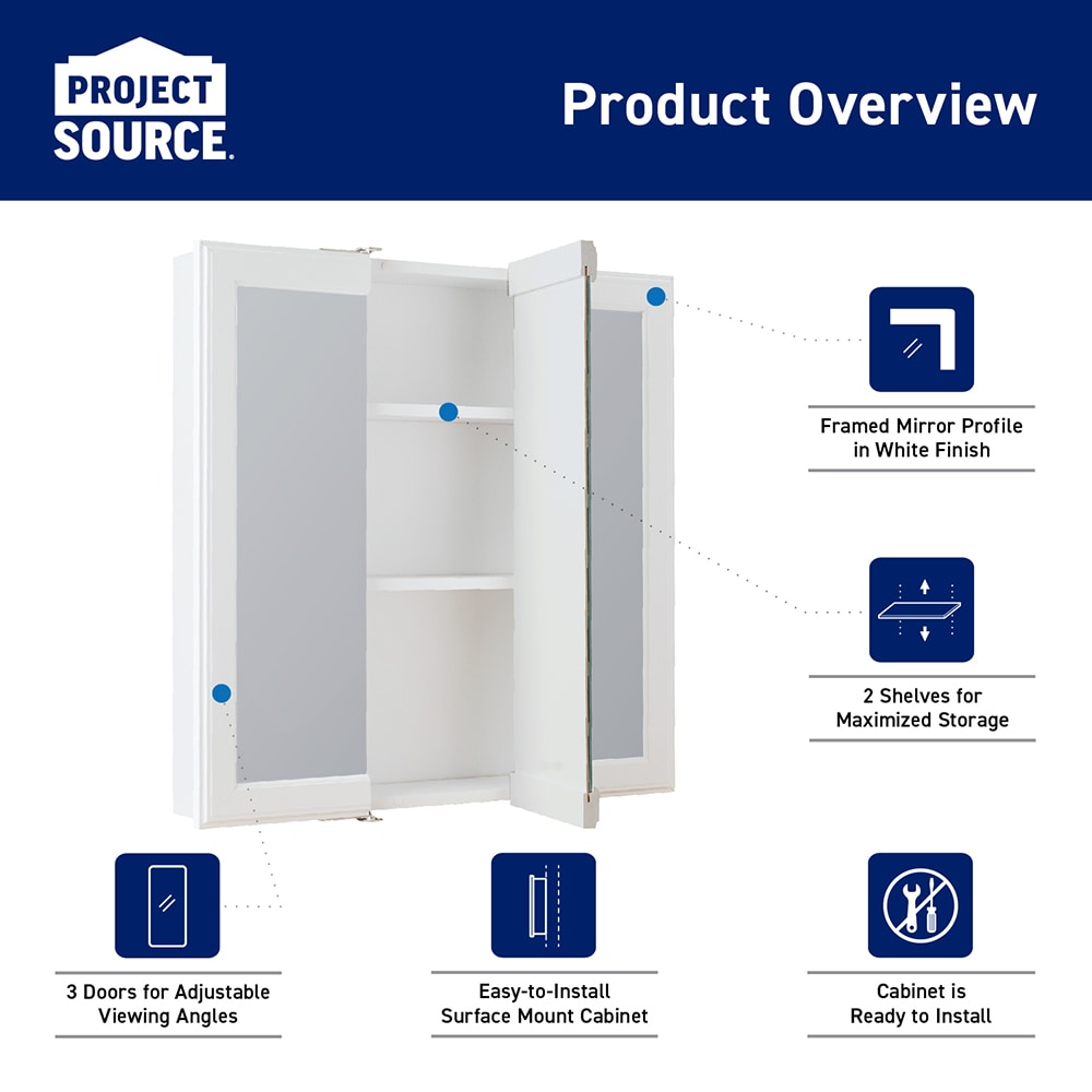 Project Source 24.25-in x 24-in Surface Mount White Mirrored Medicine Cabinet