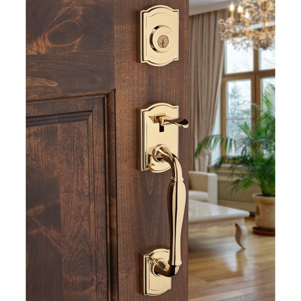 Prestige Wesley Single Cylinder Lifetime Polished Brass Door Handleset with Alcott Door Knob Featuring SmartKey Security - Super Arbor