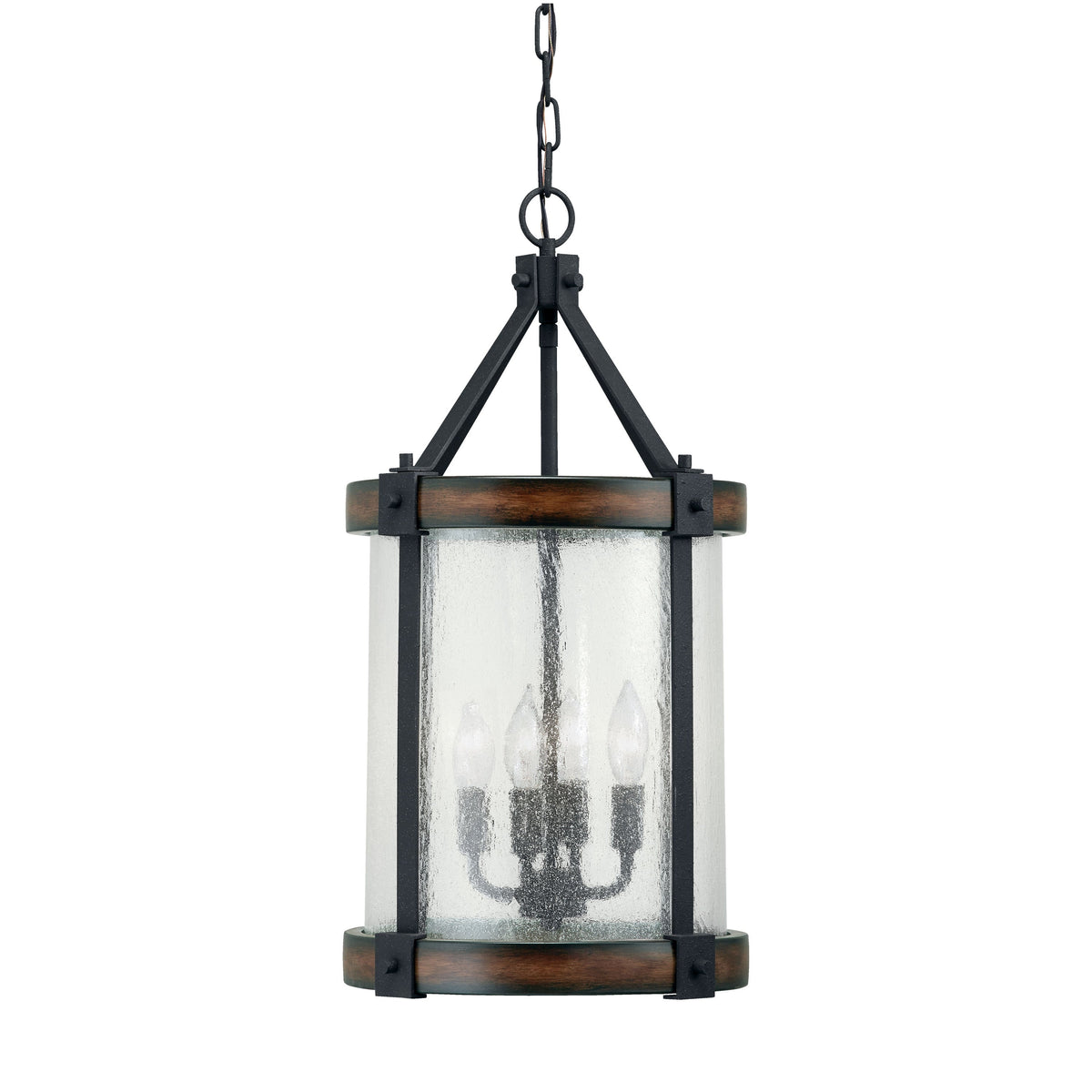 Kichler Barrington 4-Light Distressed Black and Wood Tone Rustic Seeded Glass Cylinder Medium Hanging Pendant Light