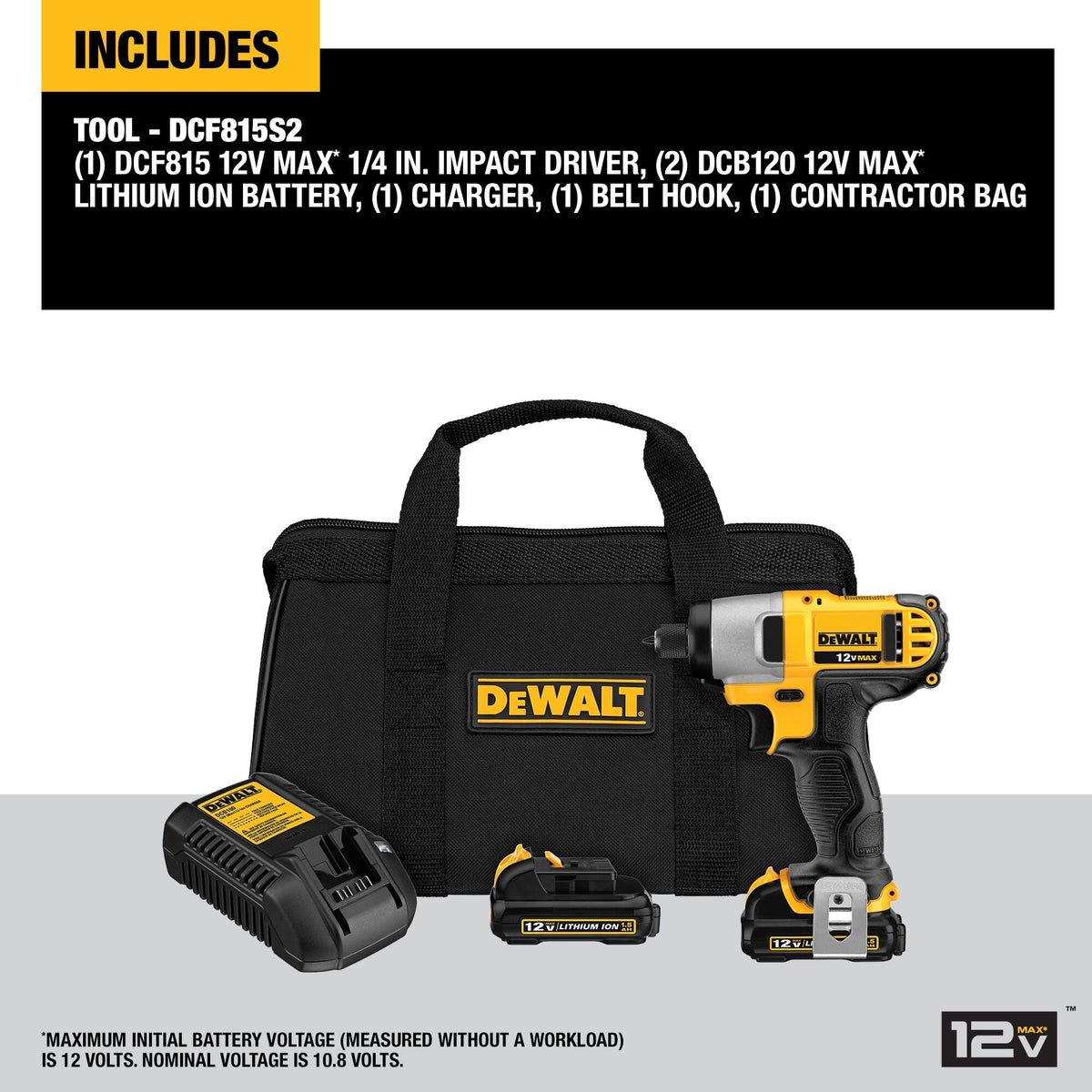 DEWALT 12-Volt MAX Variable Speed Cordless Impact Driver Kit with 2 Batteries, Charger & Bag (DCF815S2)