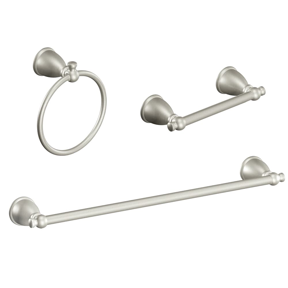 Moen Caldwell 3-Piece Decorative Bathroom Hardware Set, Brushed Nickel - 18-in Towel Bar, Pivoting Toilet Paper Holder, Towel Ring