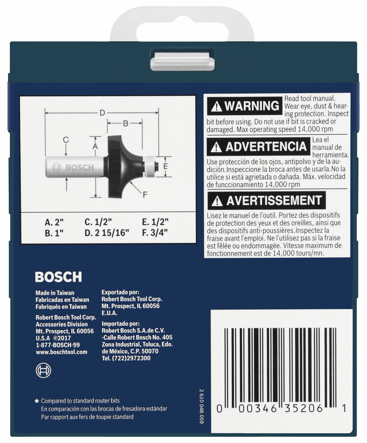 Bosch 3/4-in Carbide-Tipped Roundover Router Bit, 1/2-in Shank