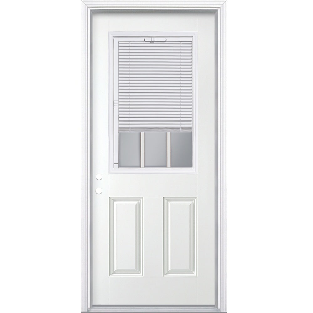 Masonite 36-in x 80-in Steel Half Lite Right-Hand Inswing Primed Prehung Single Front Door with Brickmould, Insulating Core, and Built-in Blinds