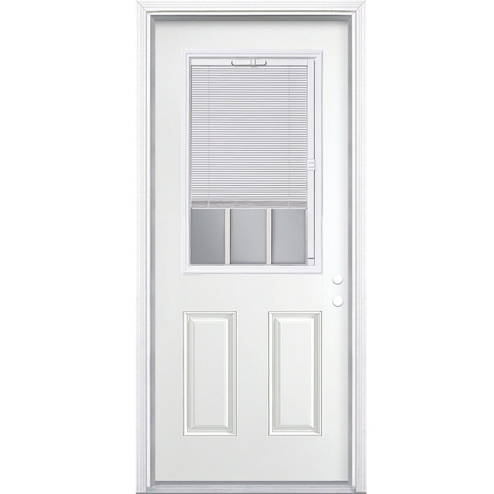 Masonite 32-in x 80-in Steel Half Lite Left-Hand Inswing Primed Prehung Single Front Door with Brickmould, Insulating Core, and Built-in Blinds