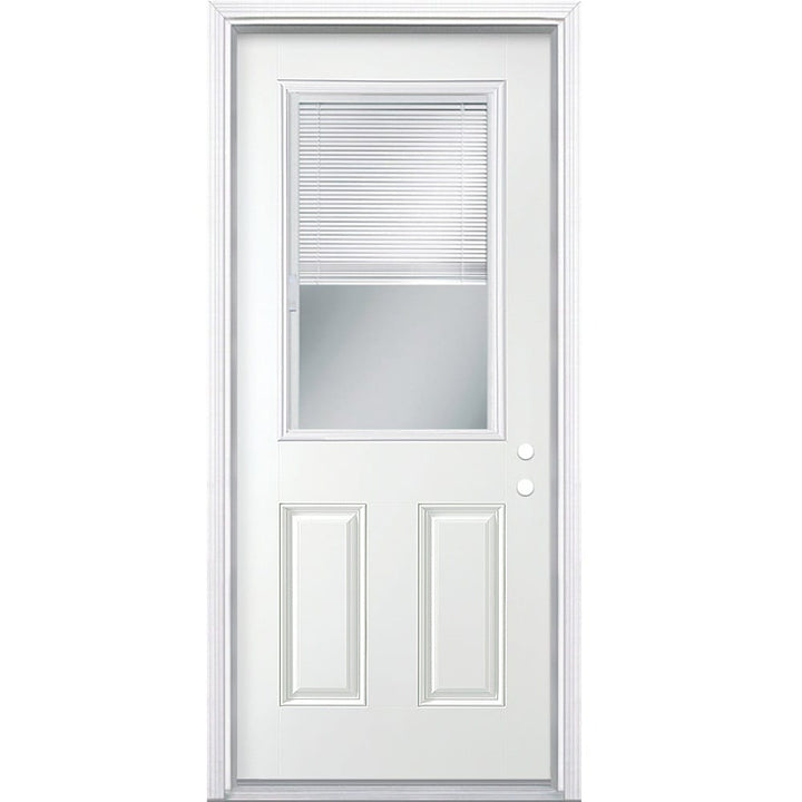 Masonite 30-in x 80-in Steel Half Lite Left-Hand Inswing Primed Prehung Single Front Door with Brickmould, Insulating Core, Blinds Between Glass