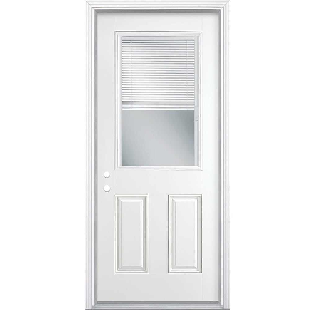 Masonite 30-in x 80-in Steel Half Lite Right-Hand Inswing Primed Prehung Front Door with Brickmould, Insulating Core, Blinds Between Glass