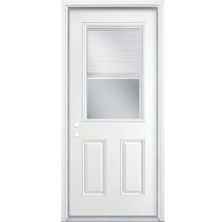 Masonite 30-in x 80-in Steel Half Lite Right-Hand Inswing Primed Prehung Front Door with Brickmould, Insulating Core, Blinds Between Glass