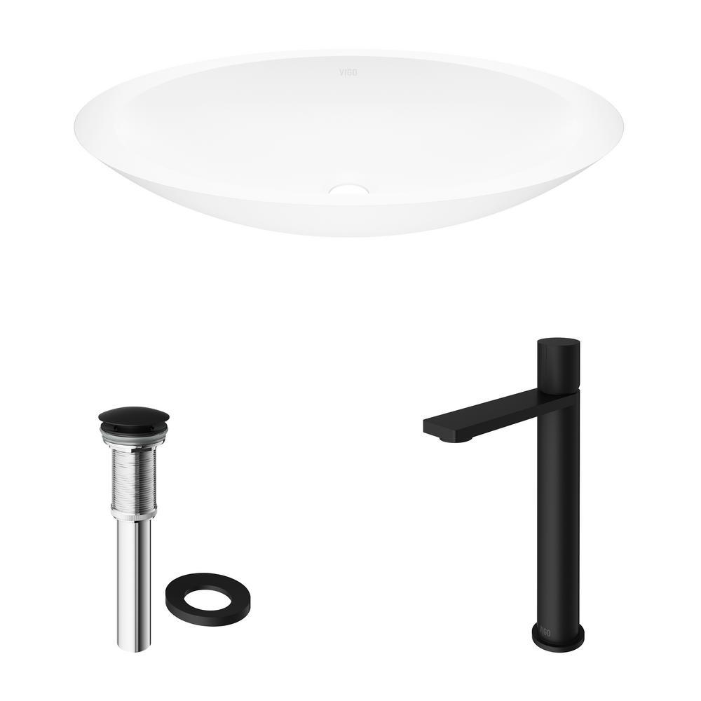 Matte Stone Oval Vessel Bathroom Sink in White and Gotham Faucet in Matte Black - Super Arbor