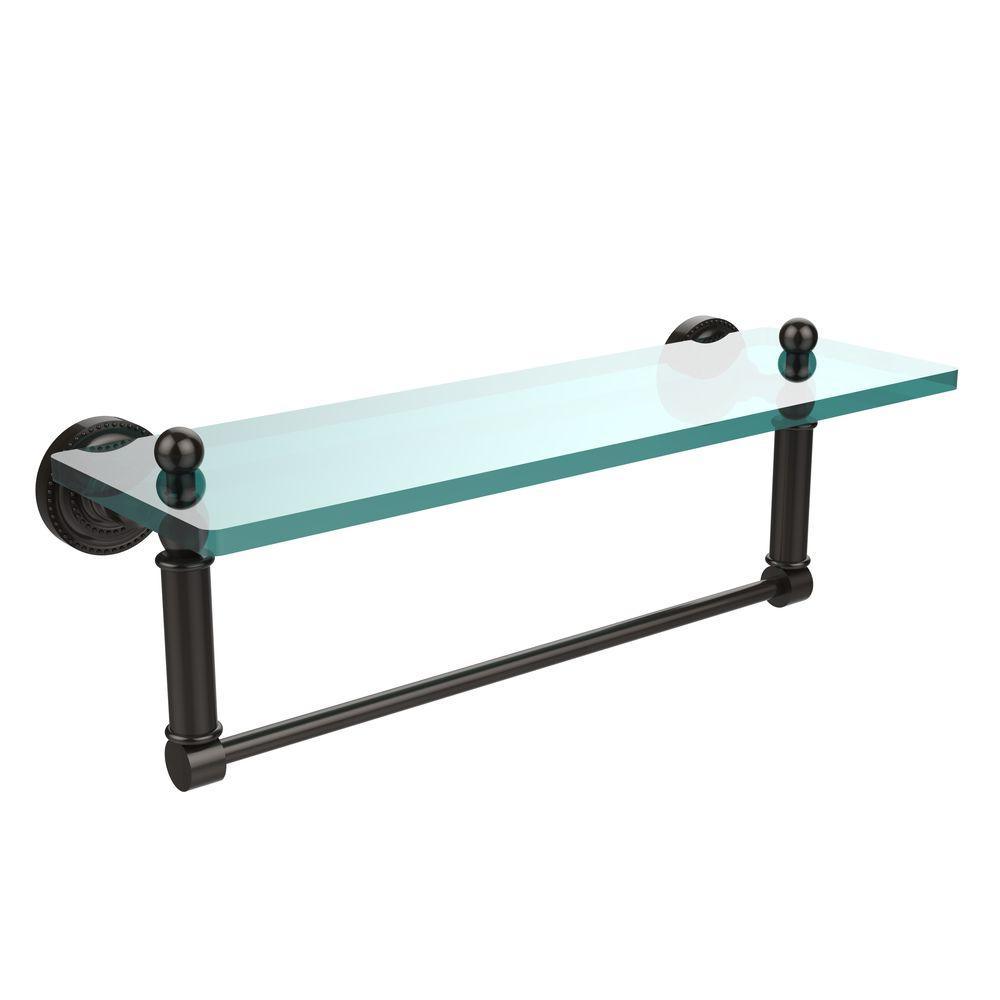 Dottingham 16 in. L  x 5 in. H  x 5 in. W  Clear Glass Vanity Bathroom Shelf with Towel Bar in Matte Black - Super Arbor
