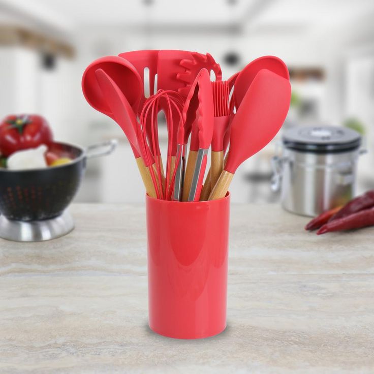 Red Silicone and Wood Cooking Utensils (Set of 12)