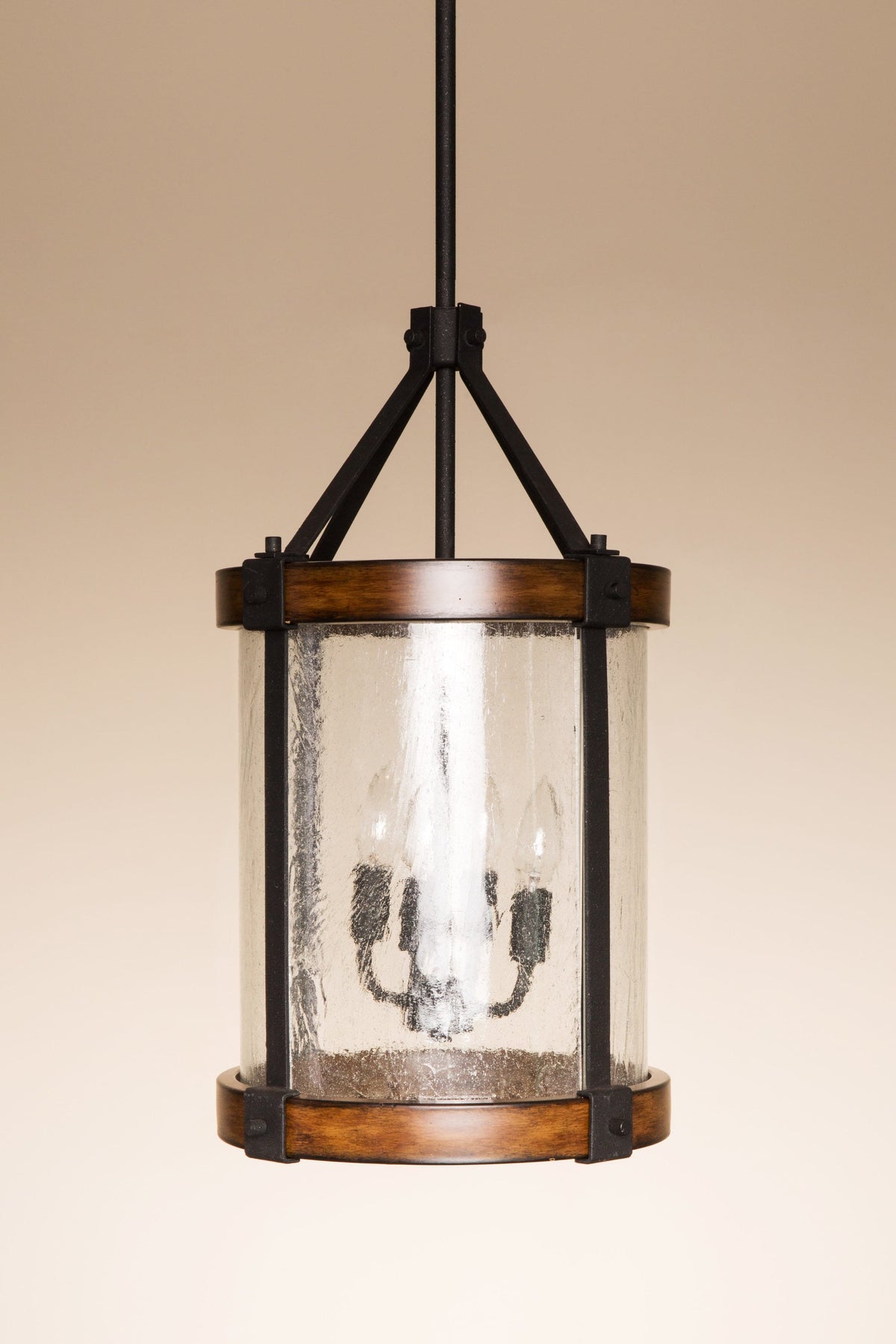 Kichler Barrington 4-Light Distressed Black and Wood Tone Rustic Seeded Glass Cylinder Medium Hanging Pendant Light