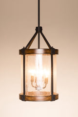 Kichler Barrington 4-Light Distressed Black and Wood Tone Rustic Seeded Glass Cylinder Medium Hanging Pendant Light
