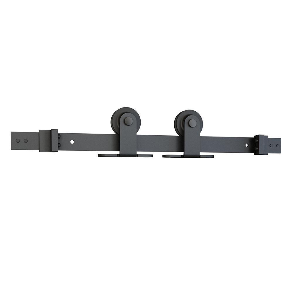 78 in. Black Solid Steel Sliding Rolling Barn Door Hardware Kit for Single Wood Doors with Routed Floor Guide - Super Arbor