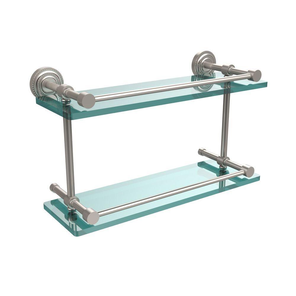 Dottingham 16 in. L x 8 in. H x 5 in. W 2-Tier Clear Glass Bathroom Shelf with Gallery Rail in Polished Nickel - Super Arbor