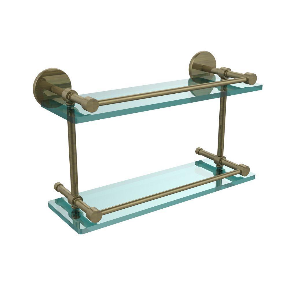 16 in. L x 8 in. H x 5 in. W 2-Tier Clear Glass Bathroom Shelf with Gallery Rail in Brushed Bronze - Super Arbor