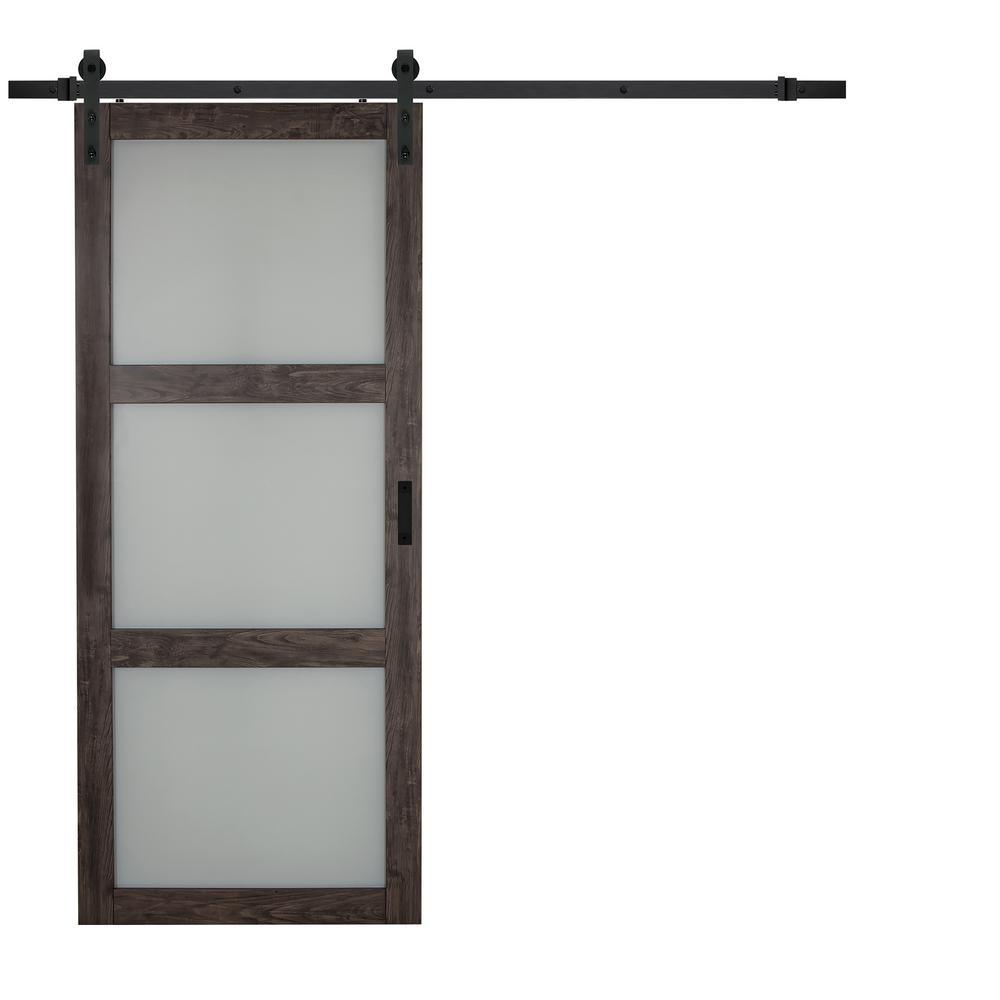 36 in. x 84 in. Bright White Solid Core Frosted 3 Lite Barn Door with Rustic Matte Black Hardware Kit - Super Arbor