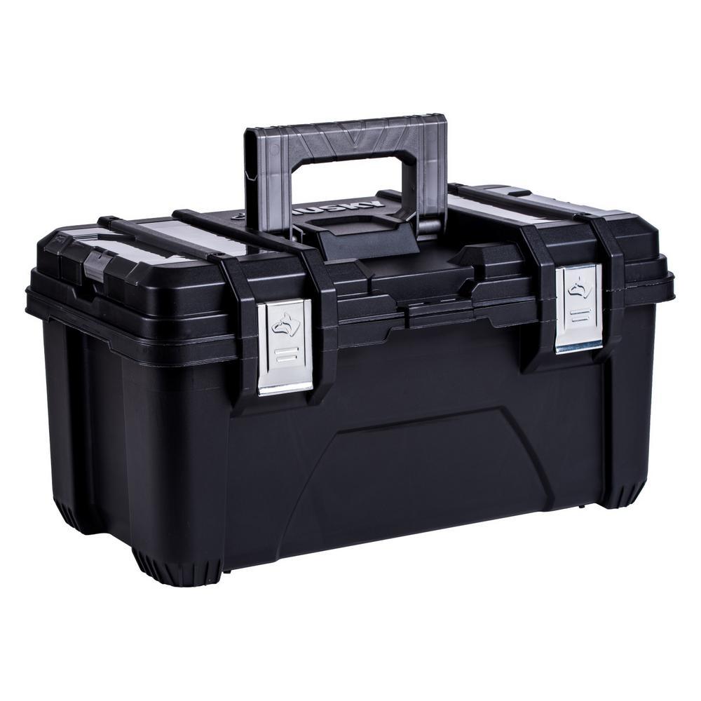 26 in. Plastic Portable Tool Box with Metal Latches in Black - Super Arbor
