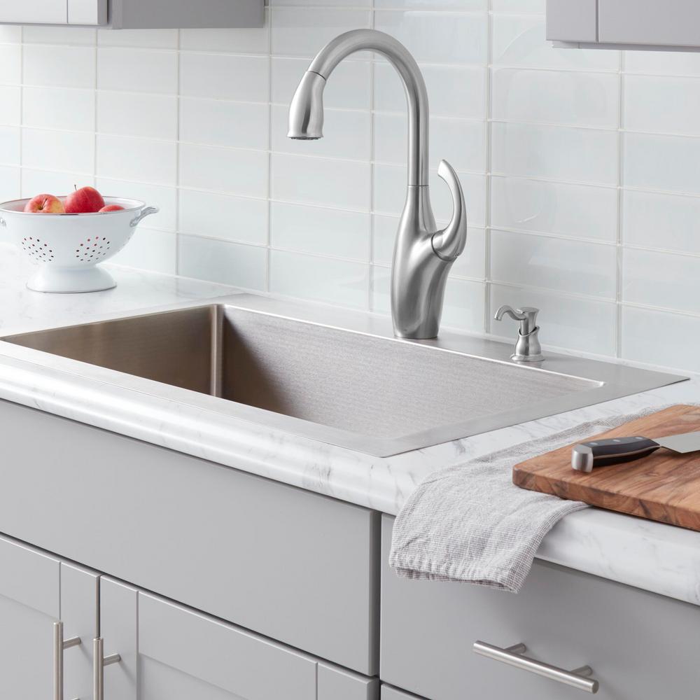 Contemporary Single-Handle Pull-Down Sprayer Kitchen Faucet with Soap Dispenser in Stainless Steel - Super Arbor
