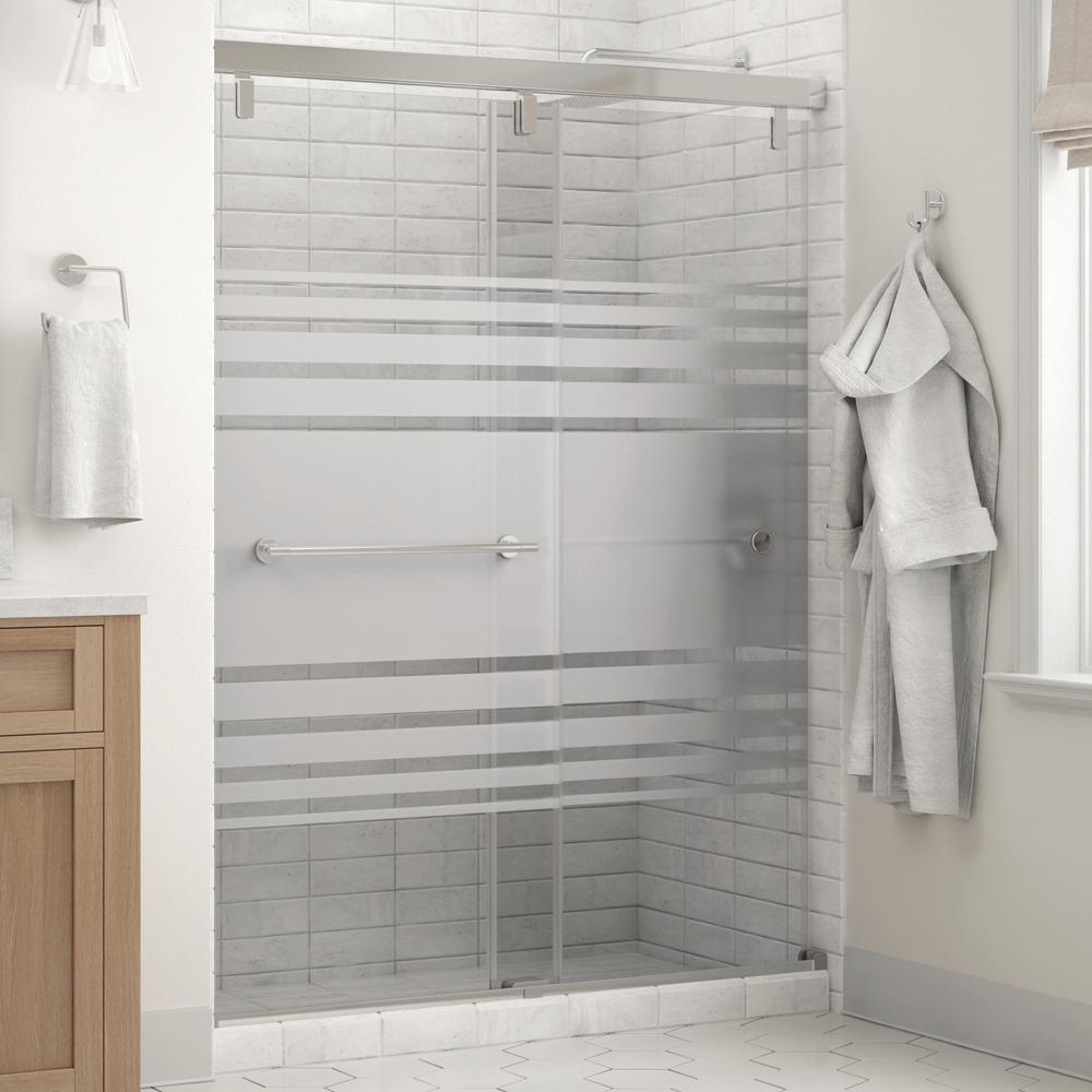 Lyndall 60 x 71-1/2 in. Frameless Mod Soft-Close Sliding Shower Door in Nickel with 1/4 in. (6mm) Transition Glass - Super Arbor