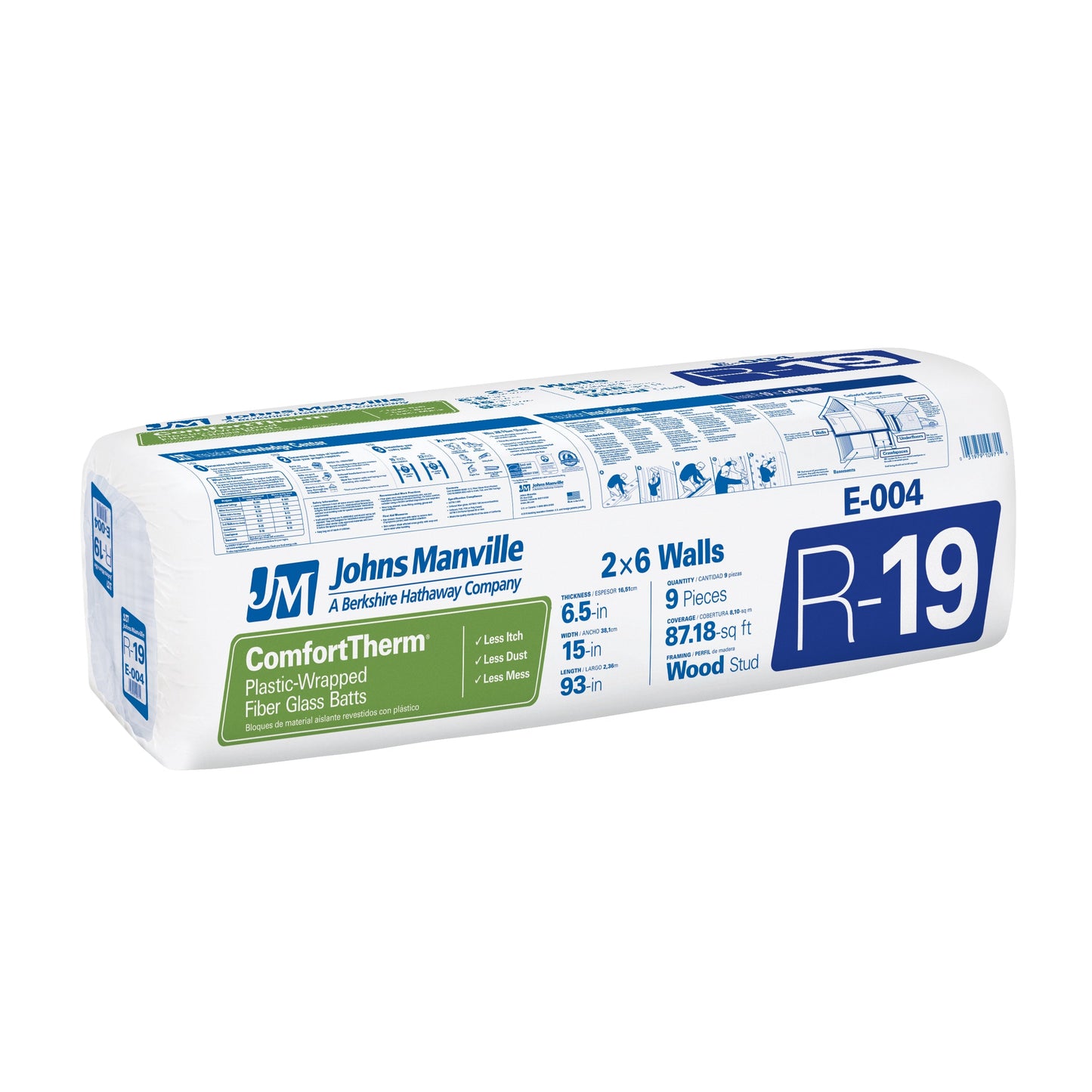 JM (Johns Manville) ComfortTherm R-19 Encapsulated Fiberglass Batt Insulation, 15 in x 93 in (87.18 sq ft)