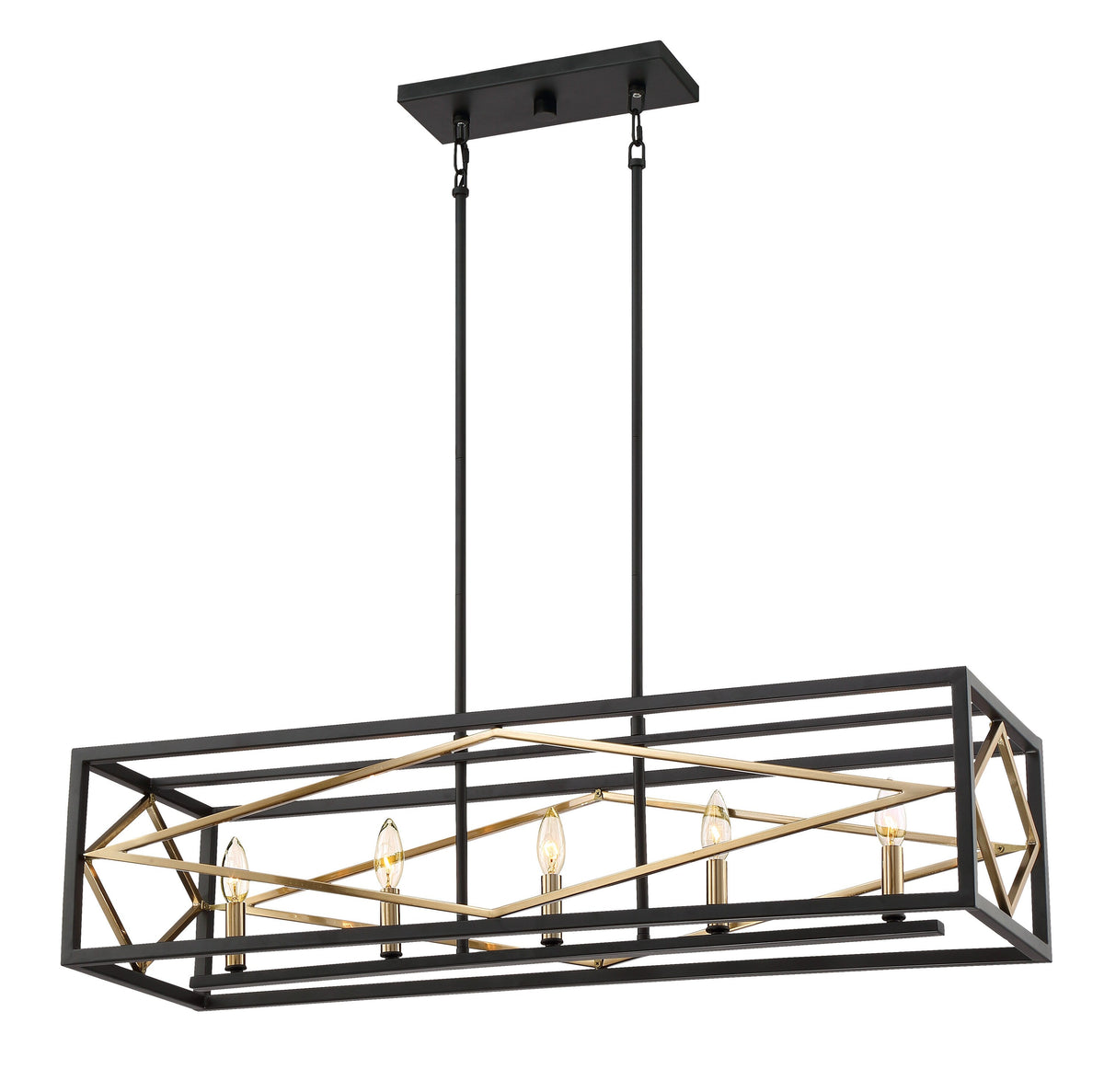 Quoizel Platform 5-Light Matte Black with Gold Linear Kitchen Island Chandelier, 60-in Downrods, Dimmable