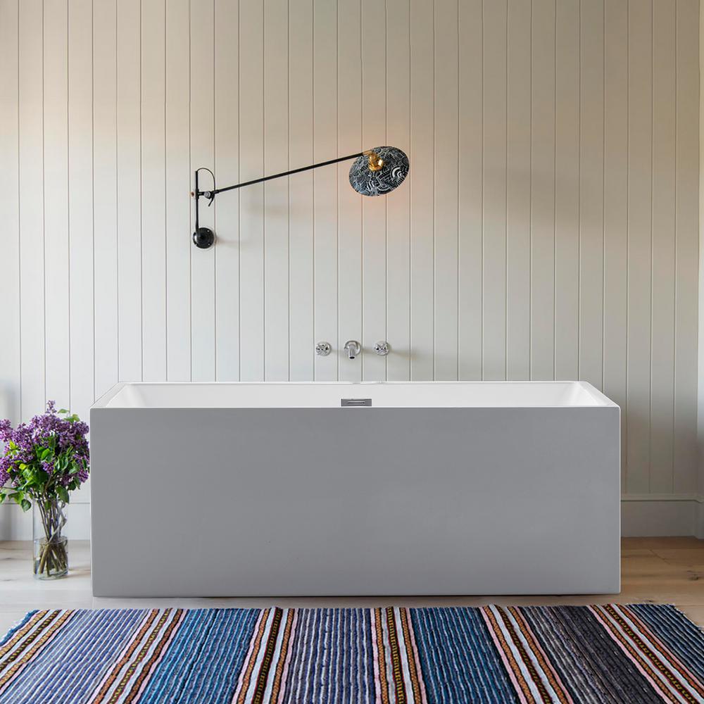 Rectangle 67 in. x 32 in. x 24 in. Contemporary Soaking Acrylic Flatbottom Freestanding Bathtub with Overflow, White - Super Arbor