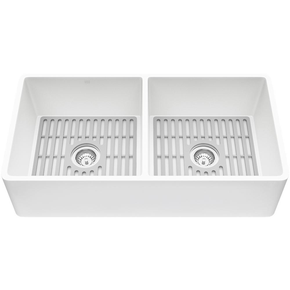 Matte Stone White Composite 33 in. Double Bowl Reversible Flat Farmhouse Apron-Front Kitchen Sink with 2 Strainers - Super Arbor
