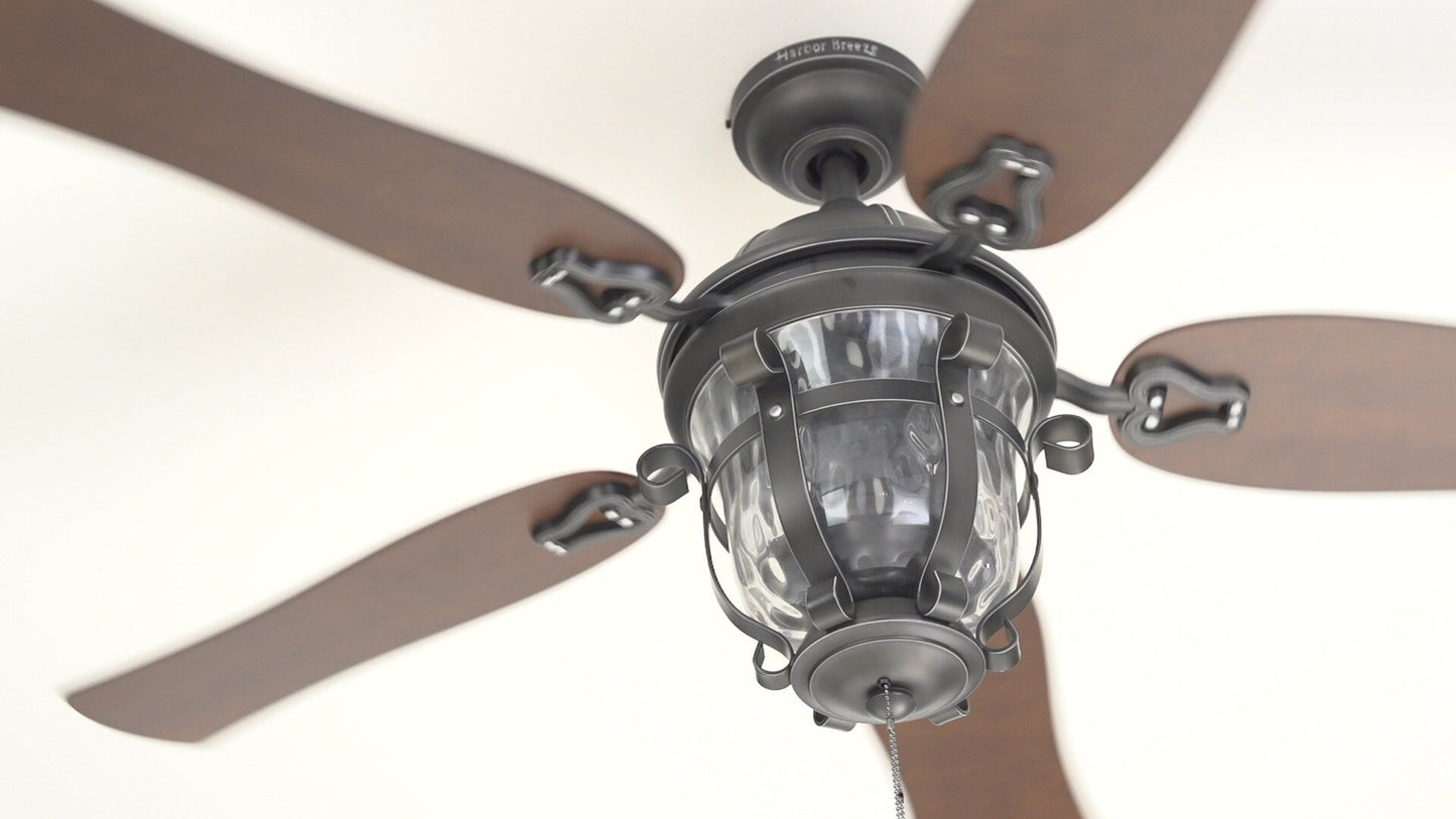 Harbor Breeze Lake Placido 52-in Aged/Black Iron Outdoor Downrod or Flush Mount Ceiling Fan with Clear Glass Light Kit