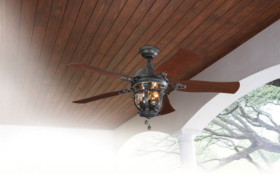 Harbor Breeze Lake Placido 52-in Aged/Black Iron Outdoor Downrod or Flush Mount Ceiling Fan with Clear Glass Light Kit