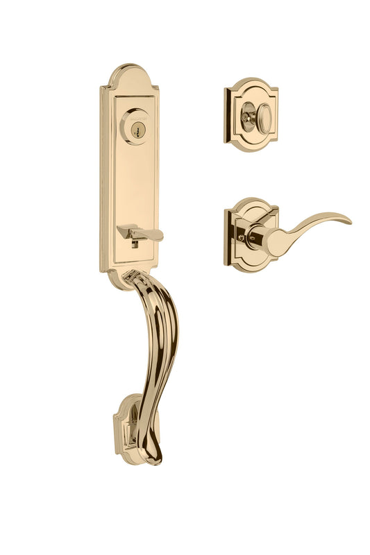 Kwikset Prestige Avendale Single-Cylinder Handleset with Arch Rose Tobin Lever, Lifetime Polished Brass, SmartKey Security