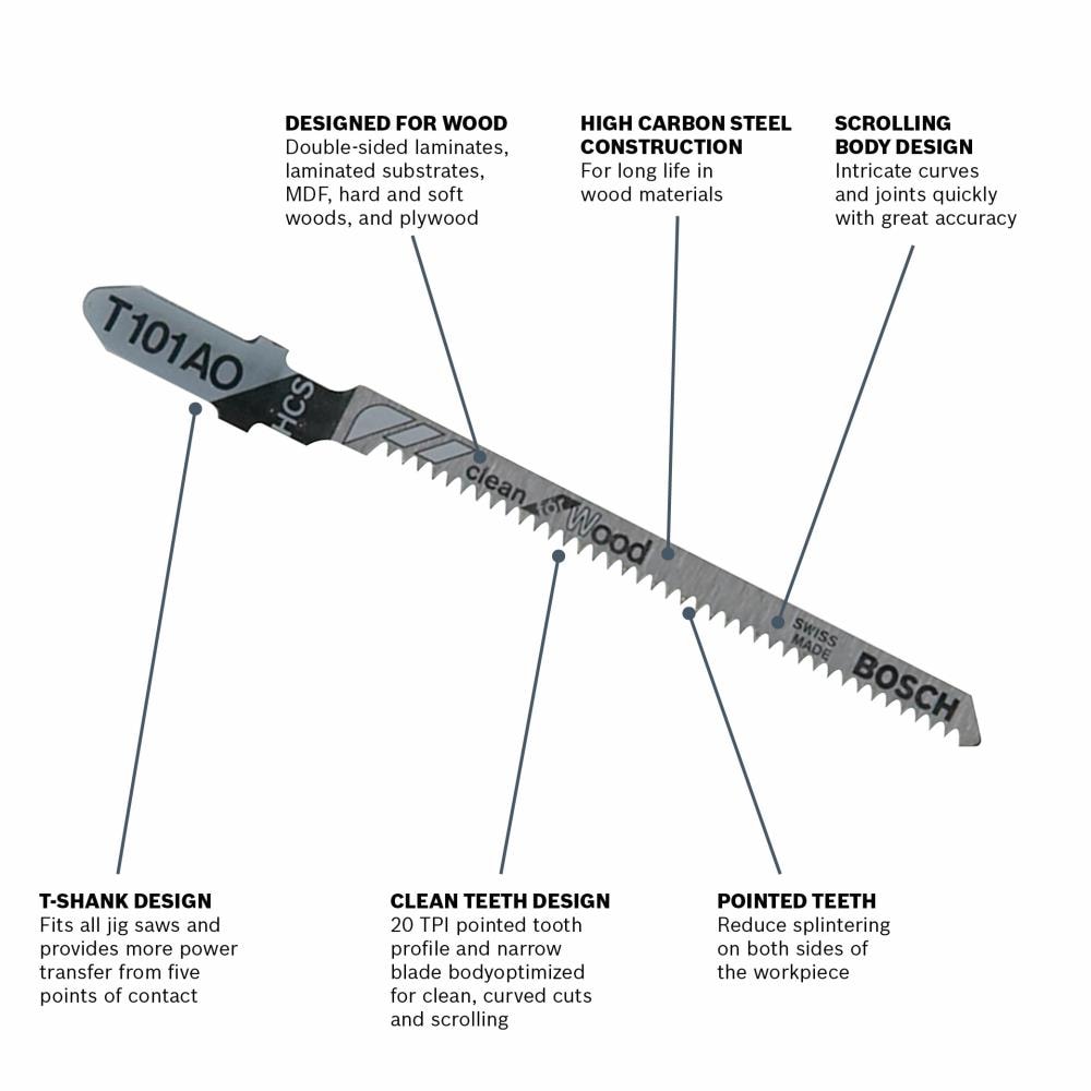 Bosch 5-Pack 3-1/4-in 20 TPI T‑Shank High-Carbon Steel Jigsaw Blades, Clean for Wood (T101AO)