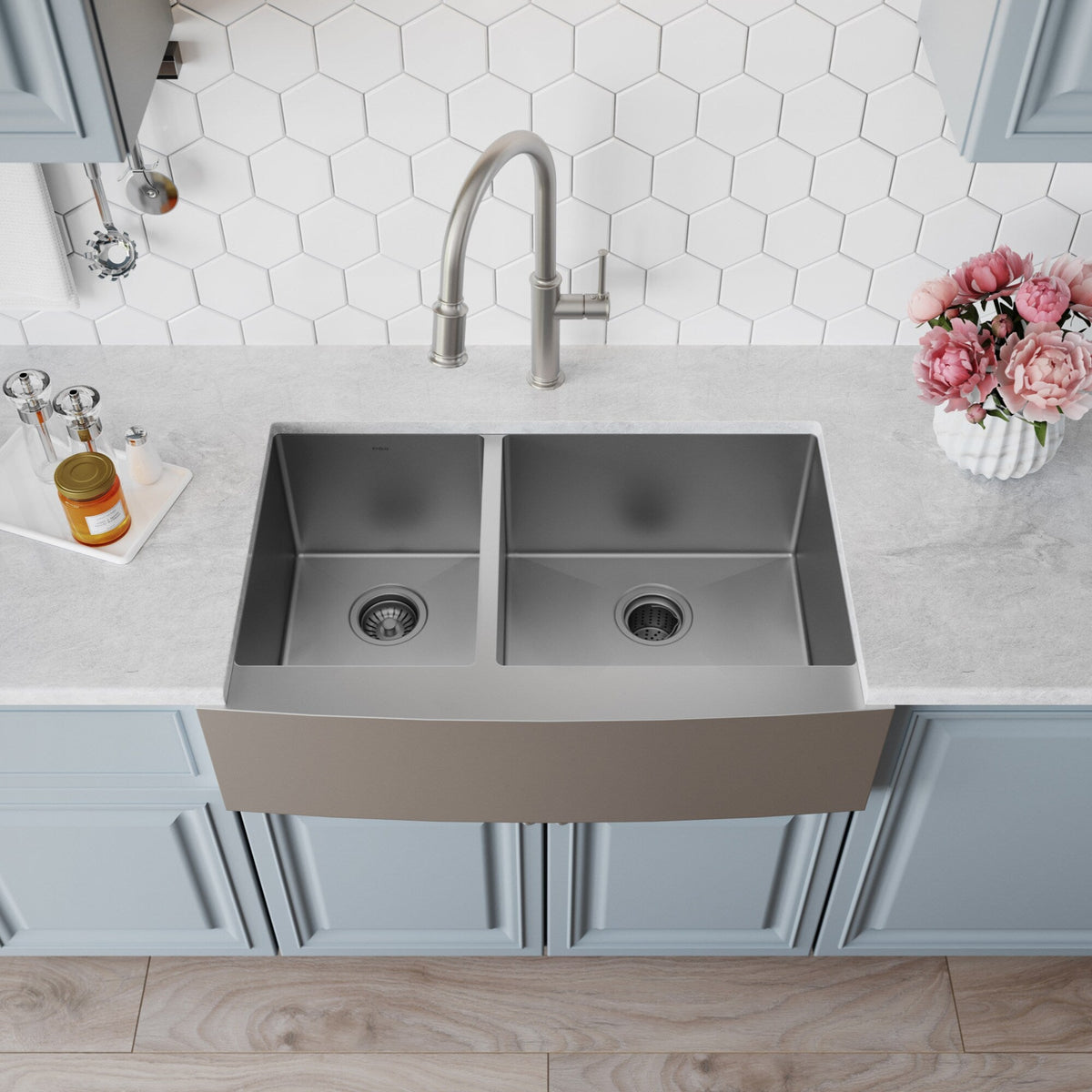 Kraus Standart PRO 33-in x 21-in Stainless Steel Double Offset Bowl, Tall Apron (8-in+) Undermount Farmhouse Kitchen Sink