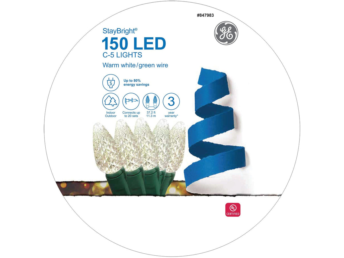 GE StayBright 150-Count 37.2-ft Warm White LED Plug-In Christmas String Lights