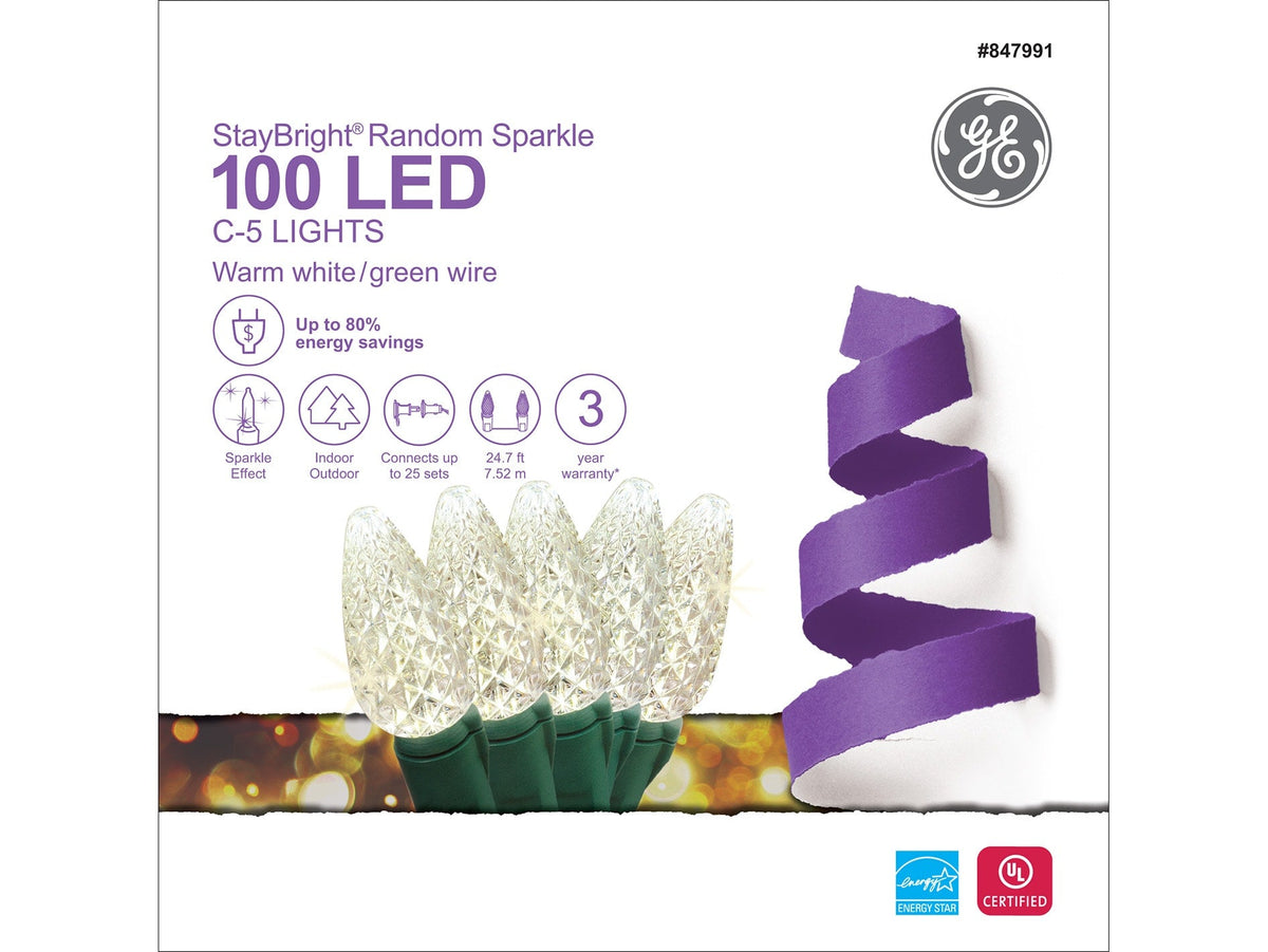 GE StayBright 100-Count 24.7-ft Sparkling Warm White LED Plug-In Christmas String Lights