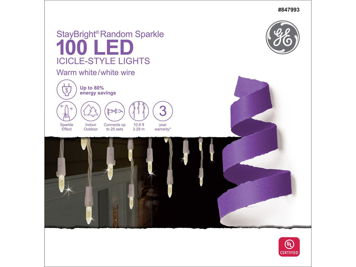 GE StayBright 100-Count Sparkling White Mini LED Plug-In Christmas Icicle Lights, Warm White, 10.8-ft Lighted Length