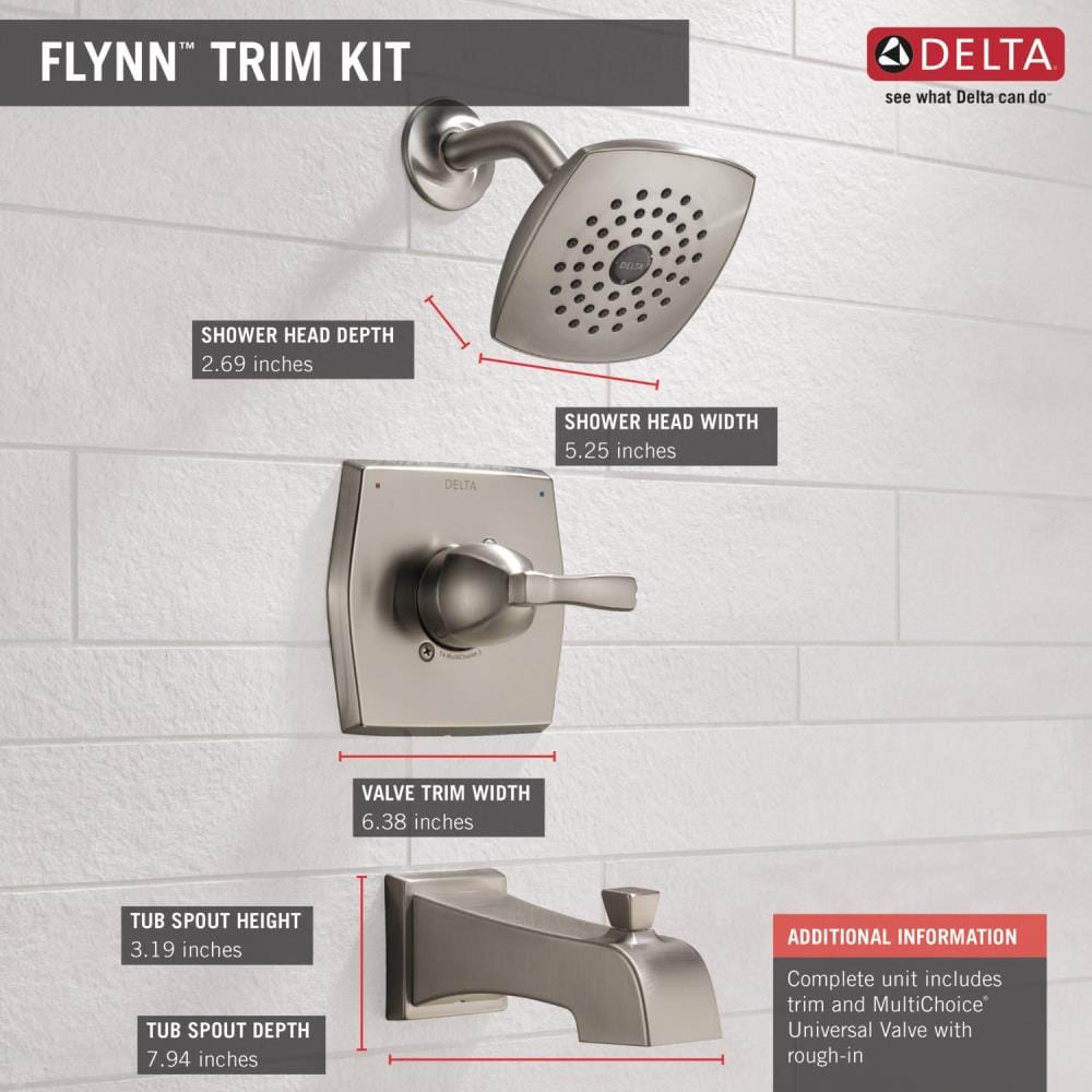 Delta Flynn Stainless 1-Handle Bathtub and Shower Faucet with Valve, Single-Function 7.625-in Showerhead
