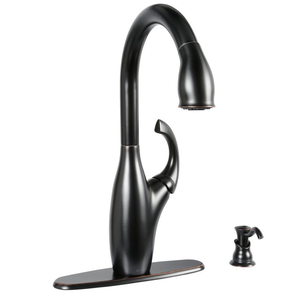 Contemporary Single-Handle Pull-Down Sprayer Kitchen Faucet with Soap Dispenser in Mediterranean Bronze - Super Arbor
