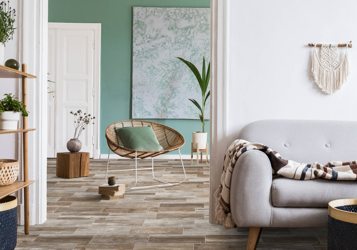 Style Selections Woods French Gray 6-in x 24-in Porcelain Wood Look Tile (Common: 6-in x 24-in; Actual: 5.84-in x 23.5-in)