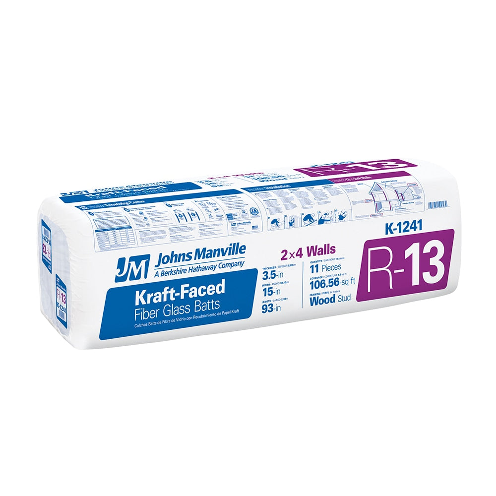 Johns Manville (JM) R-13 Kraft Faced Fiberglass Batt Insulation, 15-1/4 in. x 93 in., 108.33 sq. ft. Bag