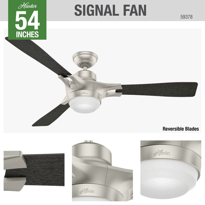 Hunter Signal WiFi-Enabled 54-in Matte Nickel Indoor Smart Ceiling Fan with Integrated LED Light and Remote (3-Blade)