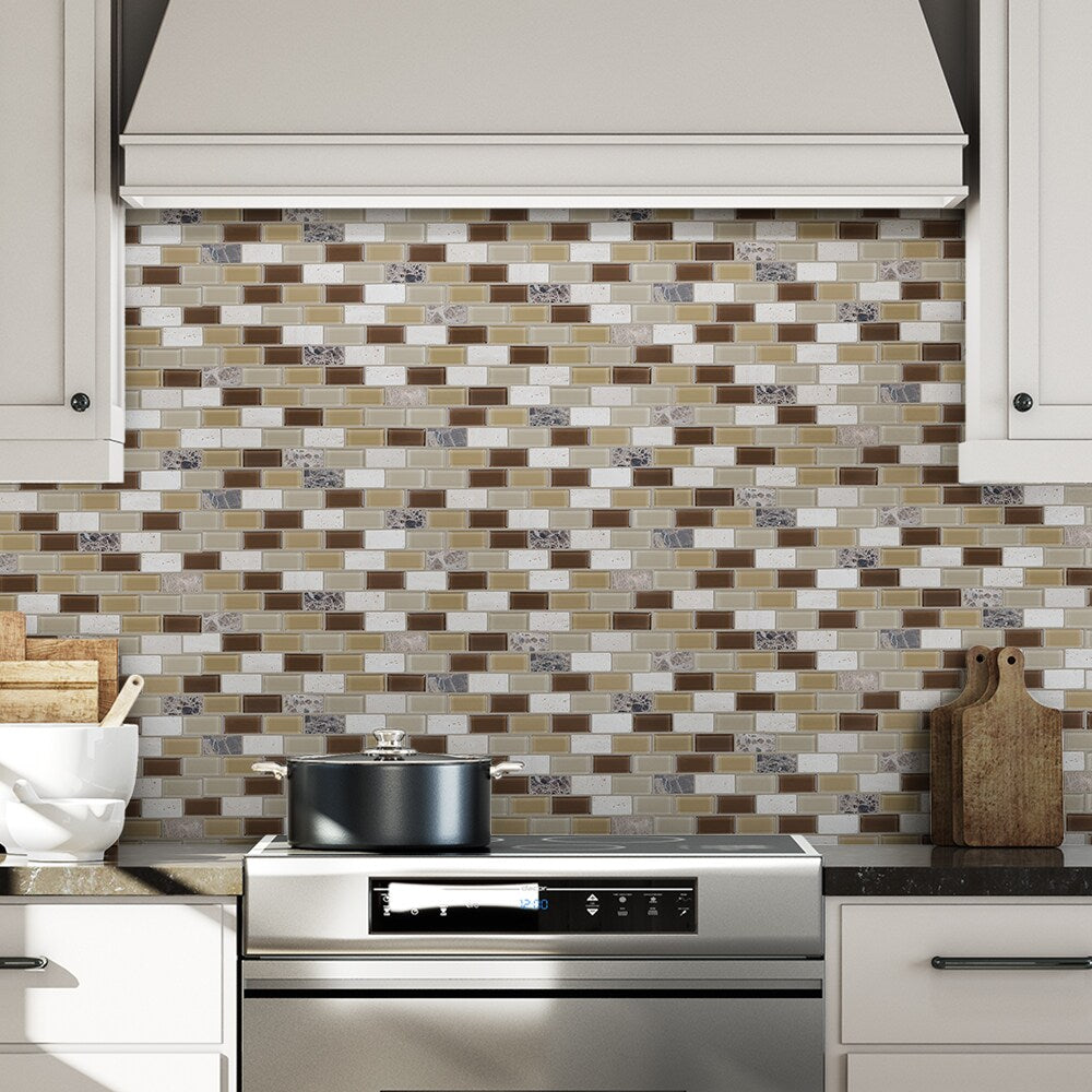 Elida Ceramica Carmel 12-in x 12-in Glossy Glass/Stone Travertine Brick Mosaic Wall Tile