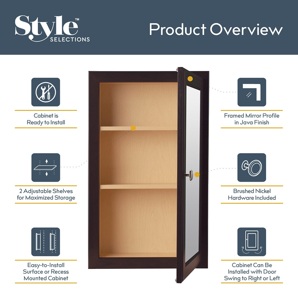 Style Selections 15.75-in x 25.75-in Surface/Recessed Mount Java Mirrored Medicine Cabinet